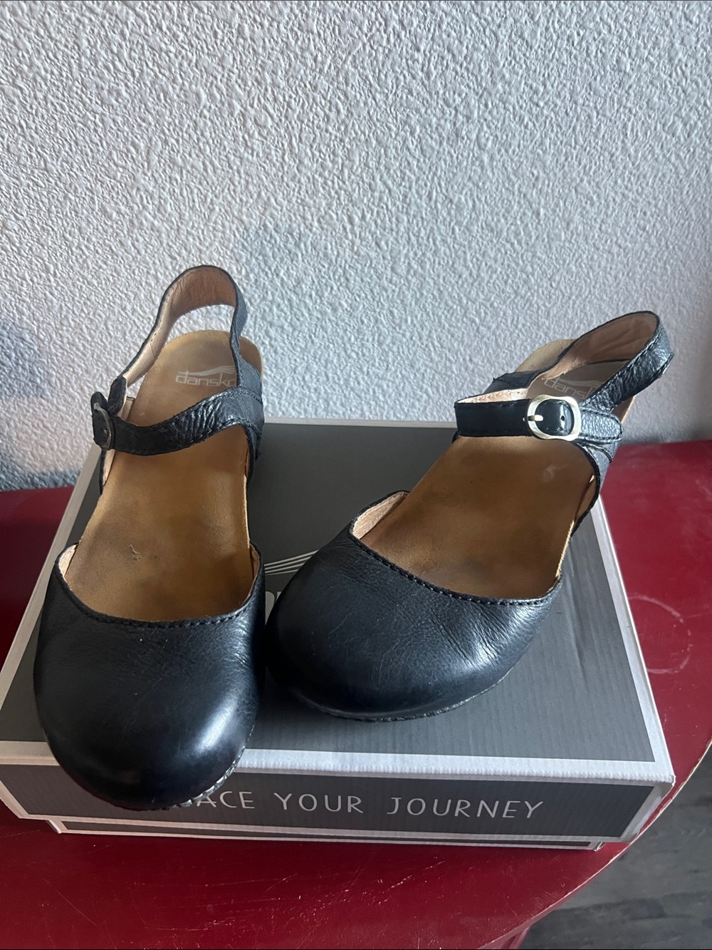 Dansko Black Leather Mary Jane Clogs with Ankle Strap